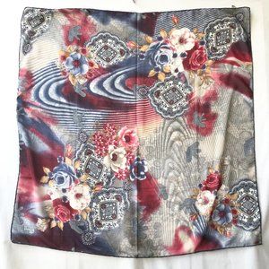 Vintage Orkide Red Roses Flower Paisley Scarf Shawl 36" X 36" Blue White Gold